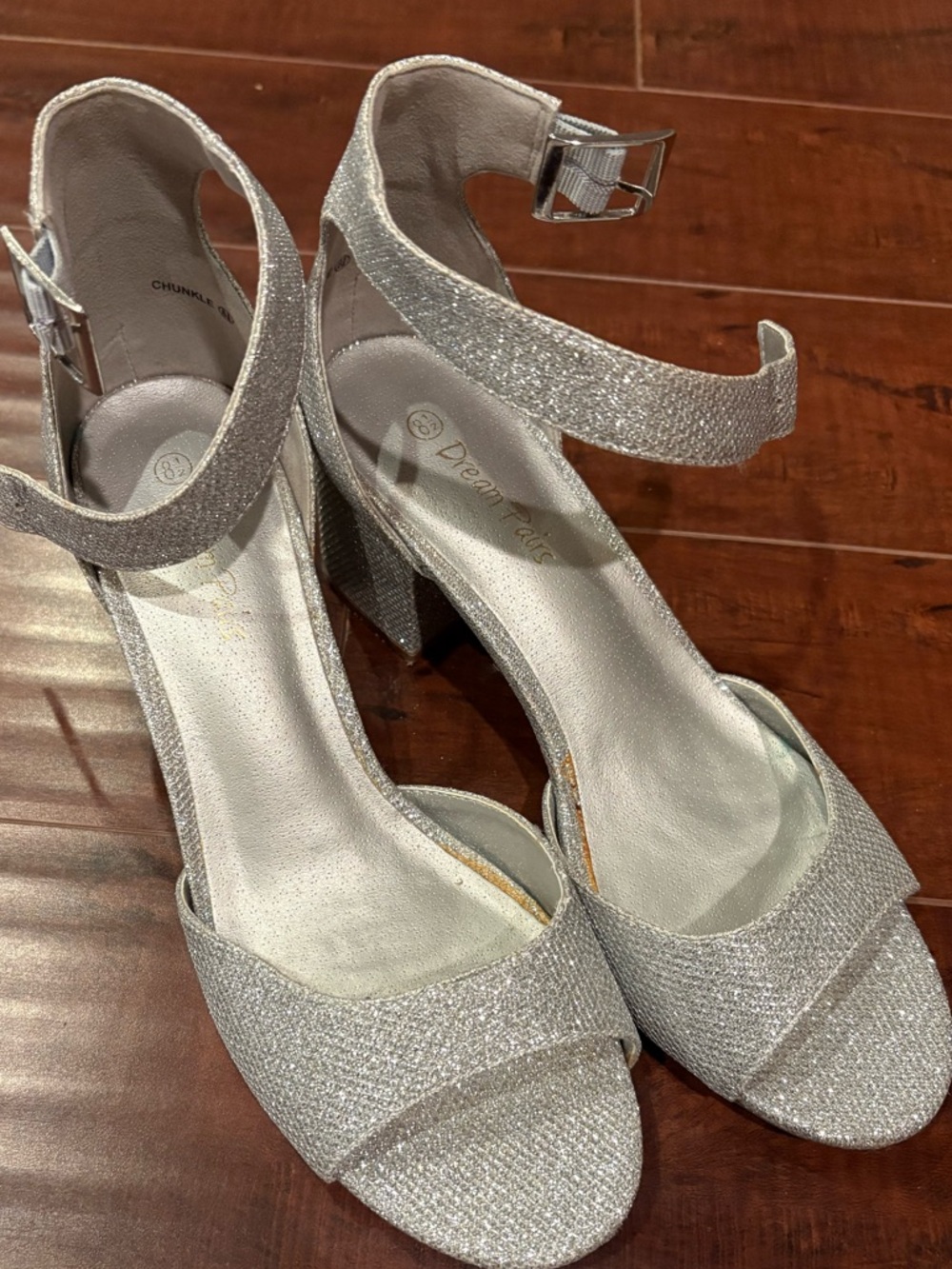 Dream Pairs Silver Glitter Block Heel Sandals with Ankle Strap